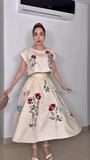 French Floral Embroidered Crop Top & Midi Skirt Two-Piece Set
