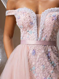 Off-Shoulder Pink Beaded Mermaid Evening Gown