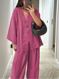 V-Neck One-Button Top & High-Waist Trousers Two-Piece Set