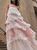 Lace Trim Tiered Maxi Gown