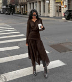 Chocolate Brown Shirt & Asymmetric Chiffon Skirt Two-Piece Set
