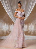 Off-Shoulder Pink Beaded Mermaid Evening Gown