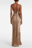 Nicoletta Gold Glossy Pleated Corset Maxi Dress with Sweetheart Neckline
