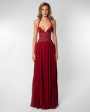 Halter Neck Lace Corset Maxi Dress with Pleated Skirt