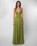 Halter Neck Lace Corset Maxi Dress with Pleated Skirt