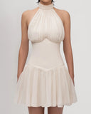 White Halter Ruffle Neck Mini Dress with Chiffon Skirt