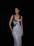 Rhinestone Fringe & Black Lace Mermaid Evening Gown