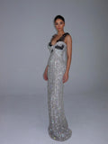 Rhinestone Fringe & Black Lace Mermaid Evening Gown