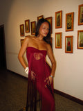 Burgundy Fringe Strapless Cutout Maxi Dress