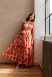 Ruffled Floral Cutout Maxi Dress with Deep V Neck