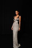 Rhinestone Fringe & Black Lace Mermaid Evening Gown