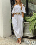 Solid color off-the-shoulder casual two-piece suit