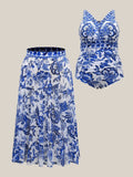 Floral Print Spandex Swimsuit & Cover Up Skirt Beach Vacation Set