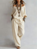 Off-Shoulder Half-Sleeve Wide Leg Pants Two-Piece Linen Look Set