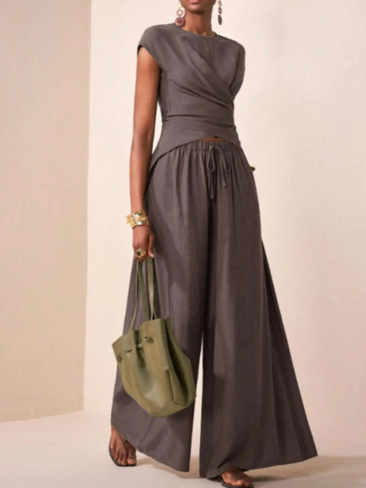 Cross Wrap Irregular Top & High-Waisted Wide Leg Pants Set