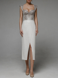 Spaghetti Strap Open-Back Bodycon Midi Dress with Mini Train