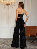 Black Strapless 3D Floral Sequin Two-Piece Evening Set