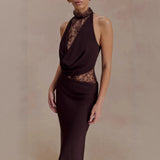 Halter Neck Lace Patchwork Bodycon Maxi Dress
