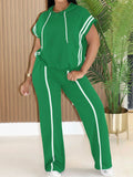 Striped Hooded Drawstring Casual Two Piece Pants Set