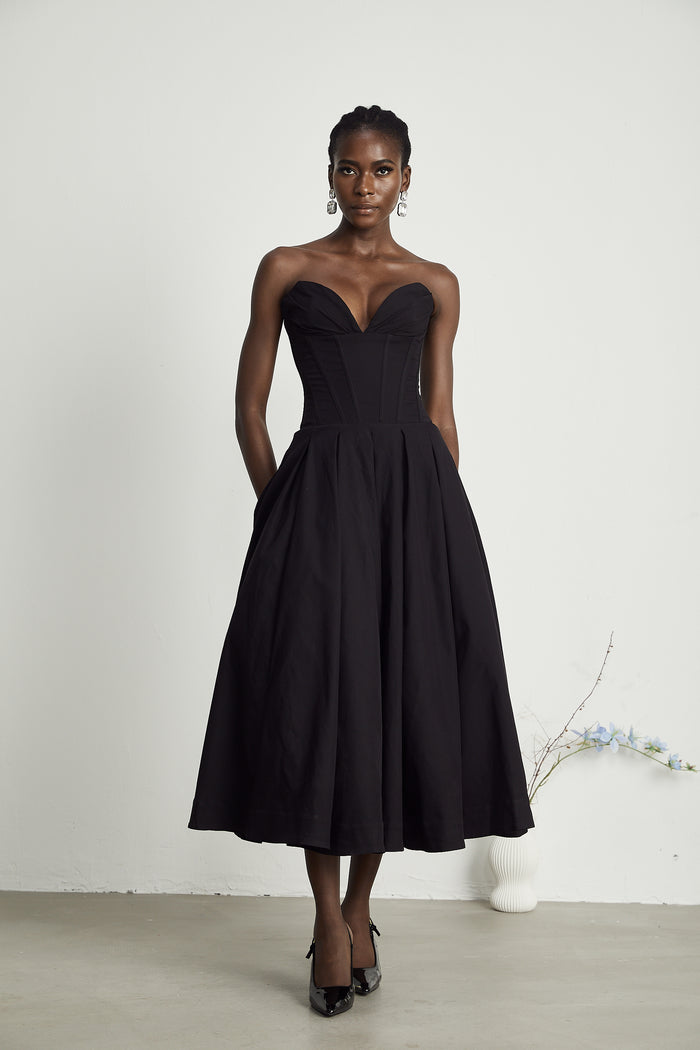 Katherine Off-Shoulder Corset Midi Dress with Pleated Detailing