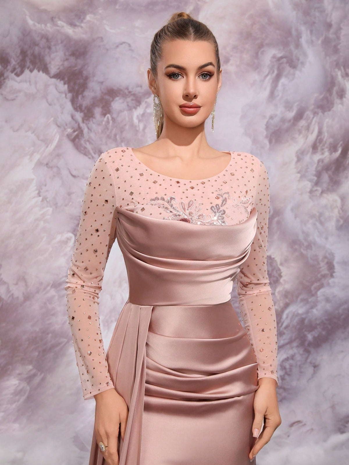 Satin Mermaid Gown with Beaded Sheer Sleeves