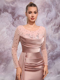 Satin Mermaid Gown with Beaded Sheer Sleeves