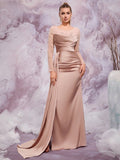 Satin Mermaid Gown with Beaded Sheer Sleeves