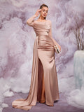 Satin Mermaid Gown with Beaded Sheer Sleeves