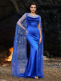 Satin Mermaid Gown with Embellished Sheer Cape