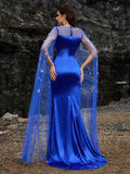 Satin Mermaid Gown with Embellished Sheer Cape