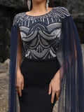 Navy Blue Silver Beaded Mermaid Gown with Sheer Cape Sleeves