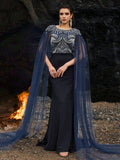 Navy Blue Silver Beaded Mermaid Gown with Sheer Cape Sleeves
