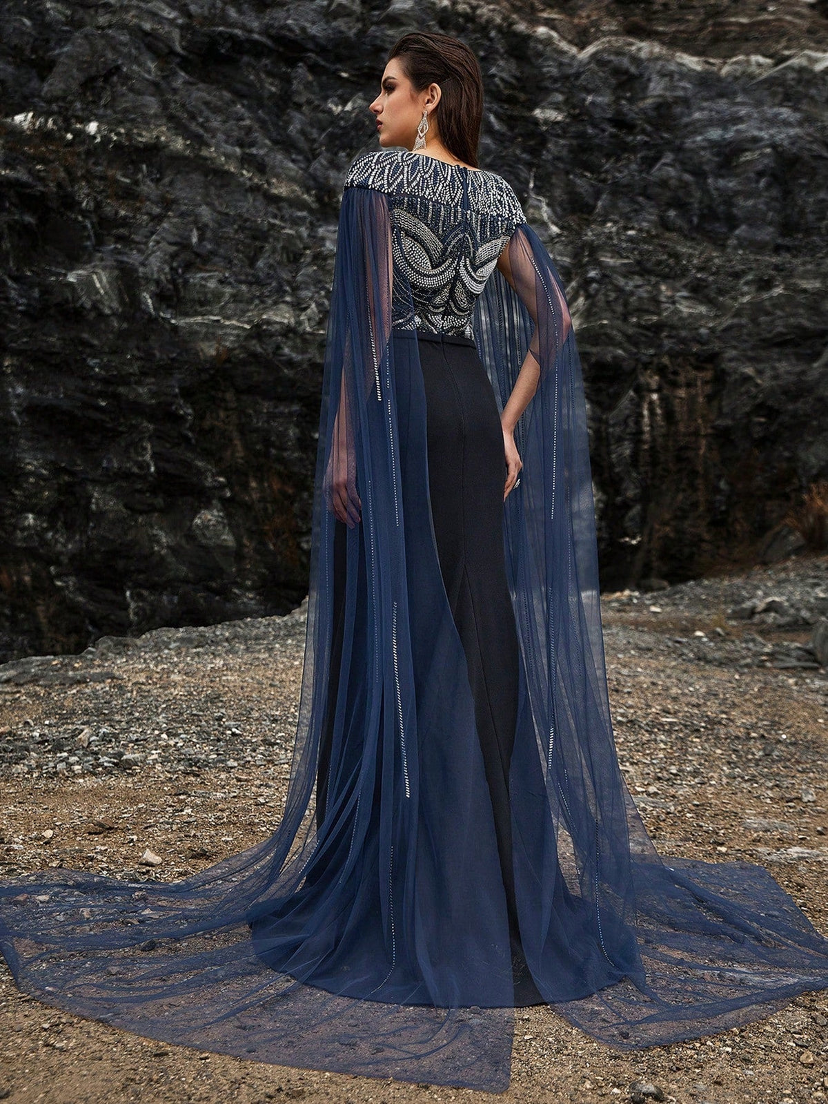 Navy Blue Silver Beaded Mermaid Gown with Sheer Cape Sleeves