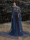 Navy Blue Silver Beaded Mermaid Gown with Sheer Cape Sleeves