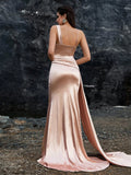 Blush Satin Mermaid Gown with Asymmetrical Straps