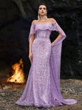 Off-Shoulder Sequin Mermaid Gown with Sheer Cape