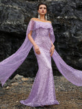 Off-Shoulder Sequin Mermaid Gown with Sheer Cape
