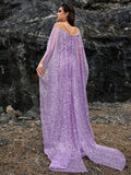 Off-Shoulder Sequin Mermaid Gown with Sheer Cape