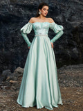 Mint Green Off-Shoulder Crystal A-Line Gown