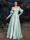 Mint Green Off-Shoulder Crystal A-Line Gown