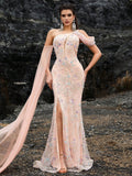 Blush One-Shoulder Beaded Mermaid Gown with Detachable Cape