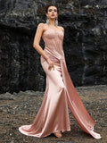 Satin Mermaid Gown with Beaded Strapless Bodice and Floral Embroidery