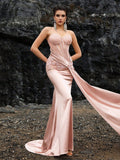 Satin Mermaid Gown with Beaded Strapless Bodice and Floral Embroidery