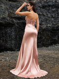 Satin Mermaid Gown with Beaded Strapless Bodice and Floral Embroidery