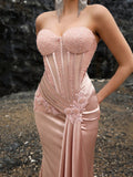 Satin Mermaid Gown with Beaded Strapless Bodice and Floral Embroidery