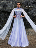 Moonlit Lavender Crystal Mermaid Gown with Sheer Cape
