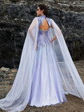 Moonlit Lavender Crystal Mermaid Gown with Sheer Cape