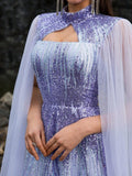 Moonlit Lavender Crystal Mermaid Gown with Sheer Cape