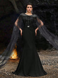 Black Beaded Mermaid Gown with Sheer Cape Sleeves