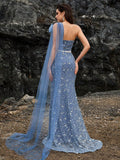 Royal Blue Beaded One-Shoulder Mermaid Gown with Sheer Cape